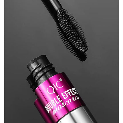 QIC Double Effect 4D Mascara Waterproof Long Curl Natural Thick Eyelash 2-in-1 Black Mascara with 2 Brush Heads
