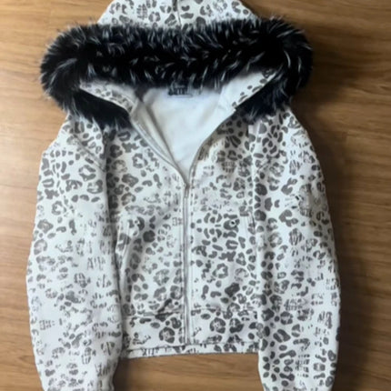 Autumn and winter fuzzy collar retro men's and women's personalized street fashion printed hooded zipper sportswear