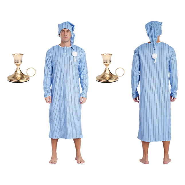 Men Pajama Set Long Sleeve Striped Soft Loose Sleep Robe Nightgown with Sleeping Cap Candlestick for Christmas Eve Halloween