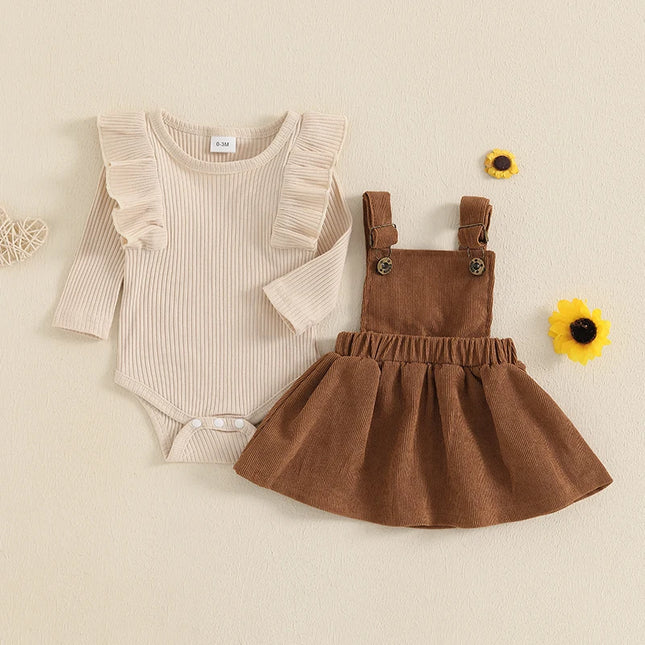 0-18months Baby Girl Spring Fall Outfit Solid Ruffled Long Sleeve Crew Neck Romper with Corduroy Suspender Overalls 2 Pcs Set