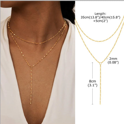 Gold Plated Stainless Steel Lariat Necklace, Dainty Long Layered Necklace for Women Girls, Y-Shaped Drop Pendant