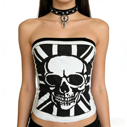 American Street Hottie Vests Harajuku Aesthetic Skull Print Strapless Vest Ladies Punk Slim Tanks Vintage Gothic Sexy Tops