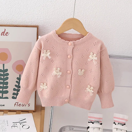 Spring Autumn New Children's Versatile Knitted Coat for Girl Baby Warm Cardigan Cute Rabbit Bow-tie School Outer Sweater HY07251