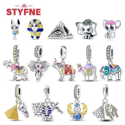 Silver 925 Gold Pyramid Mummy Double Charm Elephant Beads Fit Original Bracelet DIY Fine Jewelry Accessories for Women Gifts
