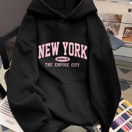 Women'S Loose New York Letter Pattern Fashion Hoodie Casual Style Geometric-pattern Hooded Collar Suitable for All Seasons