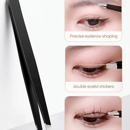 GECOMO Stainless Steel Black Eyebrow Tweezer with Slant and Flat Point Beauty Tools for Eyebrows & Ingrown Hair Removal