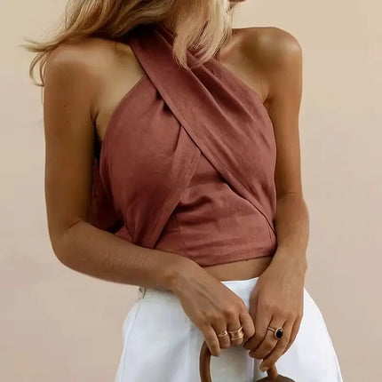cropped top ，Women's solid-colored cropped cross-back top