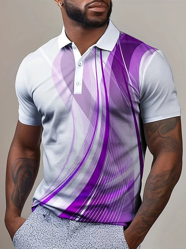 Multi-color stripes Pattern Men's Polo Shirt Business Casual Vacation Short Sleeve Polo Shirt Formal Button Down Lapel T-Shirt
