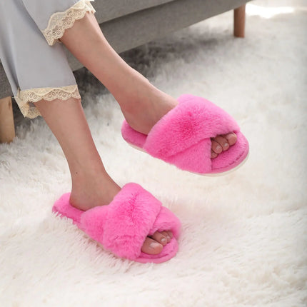 Evshine Women Fuzzy Slippers Fashion Cross Band Memory Foam House Slippers Indoor Outdoor Open Toe Plush Slides Casual Flat Shoe