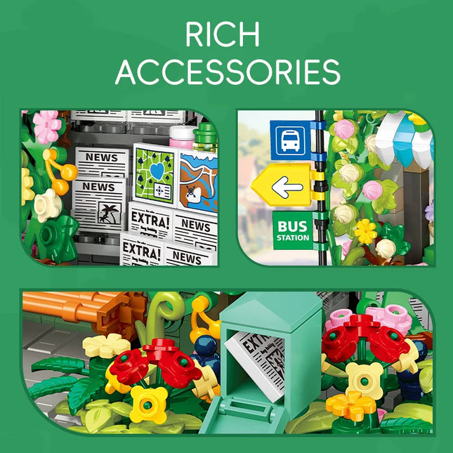 City street scene series building blocks toys, DIY architectural model bus stop assembly toys, girls' holiday gifts.