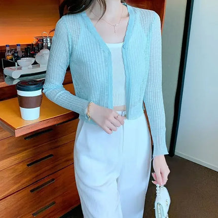 Slim Fit Knitted Long Sleeve Short Cardigan Women's Summer New Style Korean Version Thin Outerwear Pure Color Sun Protection Shi