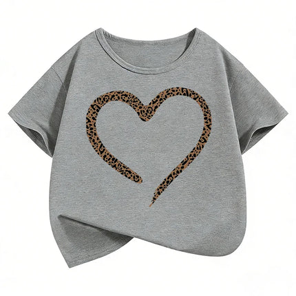 Love Heart Leopard Print Fashion T Shirts Y2k Kids Children's T-shirt Boys Girls Summer Spring Casual Top Tee Shirt