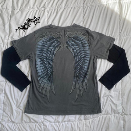 90s Vintage Cross Skull Print Tee Mall Goth Graphic Long Sleeve Patchwork T-Shirt Harajuku Retro Y2K Crop Top Women Streetwear