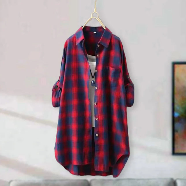 Long-sleeved shirt jacket for women retro large size loose butt-covering long cotton and linen top with plaid shirt
