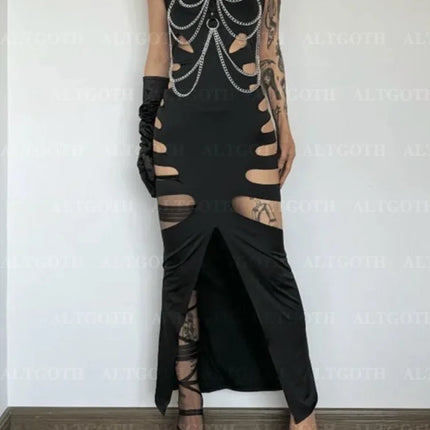 AltGoth Harajuku Gothic Dark Dress Women Streetwear Cyber Punk Y2k E-girl Grunge Sexy Hollow Out High Waist Bodycon Dress Female