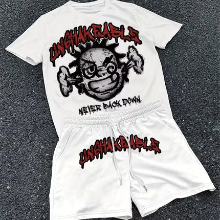 Spring And Summer American Trend 3D Printed Skull Men's Round-neck Top And Shorts, Hip-hop Style Trendy And Cool 2pcs Set