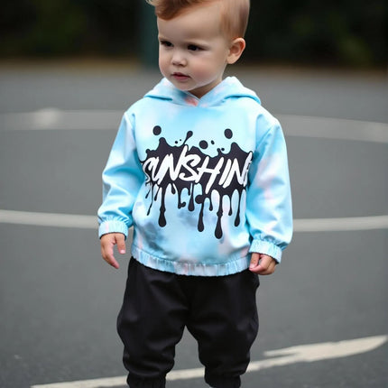 2-piece set of fashionable casual letter printed tie dye hooded long sleeved top and pants for baby boys, autumn and winter