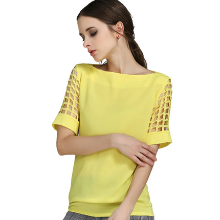 Summer Fashion Women Blouses & Shirts Hollow Out Sleeve Slash Neck Chiffon Blouse Plus Size 5XL