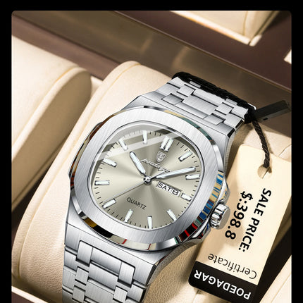 POEDAGAR Luxury Military Man Watch Square Waterproof Luminous Date Week Men Watch Stainless Steel Quartz Men's Watches Reloj+box