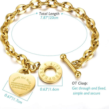 Love Pendant Link Chain OT Clasp Birthday Heart Jewelry Gift Bracelet for Women Bible Verse Bracelet Silver Gold Bracelet