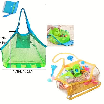 Youngsters' Large Mesh Beach Toy Bag with Blue and Green Side Pockets - Durable Seashell Collecting Tote for Sand Toys, Swimming