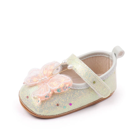 Shiny 3D Butterfly Princess Dress Shoes for Baby Girl Glitters Flats Non-Slip Crib Shoes Walking Shoes for Toddlers Infants