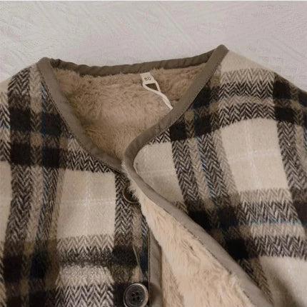 Woolen Plaid Children's Plush Coat Korean Version Autumn and Winter New Boys' and Girls' Coats Loose Baby Cotton Padded Clothes