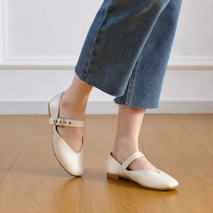 Mary Jane Shoes Female Genuine Leather  V-Cut Snap Ballet Shoes Women Square Toe Flat Cowhide Ladies Shoes