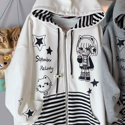 Japanese Y2k Hoodies Jackets Women Clothes Polka Dot Cat Print Sweatshirts 2025 Ropa Mujer Casual Chic Hooded Cute Hoodie Tops