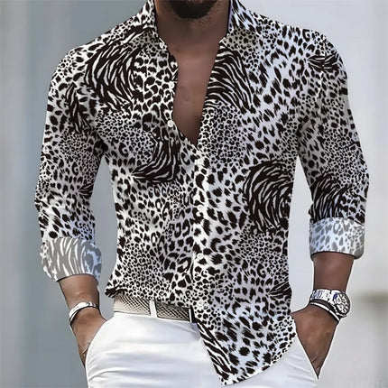 New Men's Leopard Print Long-Sleeved Shirt, Trendy Retro Slim-Fit Turn-Down Collar Casual and Stylish Men's Shirt, Sizes S-6XL.