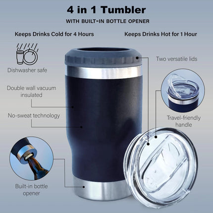 4 in 1 Travel Mug and Can Cooler Insulated for 12 oz Cans and Beer Bottle. Universal Cool Summer Ice Bottle Cup With 2 Lids