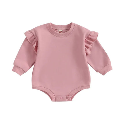 Baby Sweatshirt Romper Ruffle Long Sleeve Round Neck Solid Color Bodysuit Infant Fall Outfit