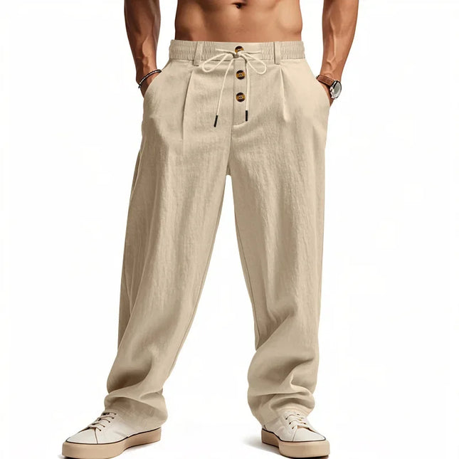 Men's Boho Linen Blend Wide Leg Pants High Waist Drawstring Button Fly Loose Fit Trousers with Side Pockets