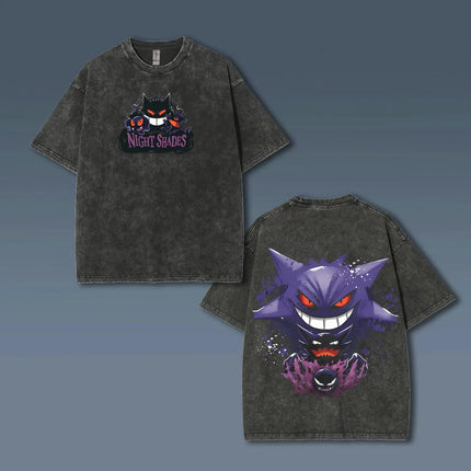 Pokémon Animation Derivatives Gengar Printing Retro Washed Short-sleeved T-shirt Men's and Women's 2025 Summer Fashion Clothing