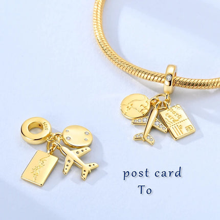 925 Sterling Silver Gold Travel-Themed Globe Airplane Postcard Pendant Charm Fit Original Charm Bracelets Women DIY Jewelry Gift