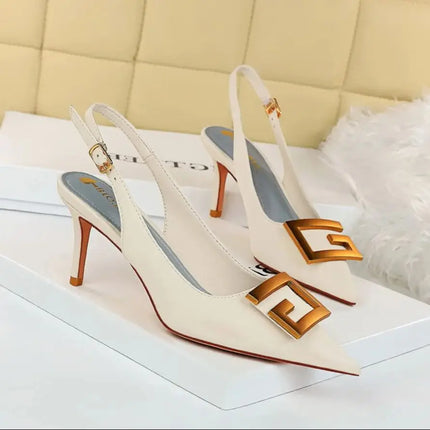2024 Autumn Women Soft Leather Slingback Shoes Thin High Heels Office Dress Fashion Hollow Pointy Toe Gentle Sandals 8999-5