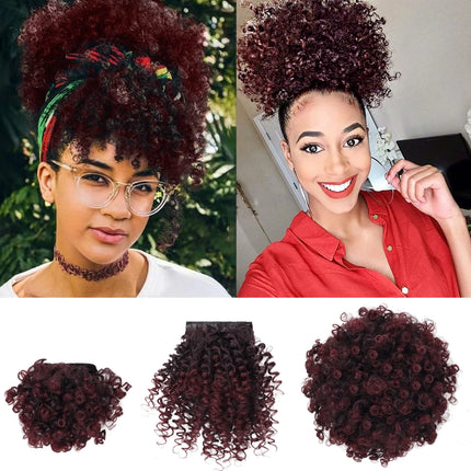 Synthetic Afro Puff Drawstring Ponytail with Short Kinky Curly Bun with 2 Replaceable Bangs Pineapple Updo Hair for Black Women