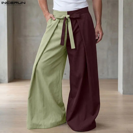 INCERUN Men Pants Patchwork Color-block Lace Up Joggers Casual Trousers For Man Pleated Streetwear Loose 2026 Fashion Long Pants
