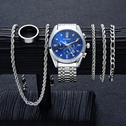 6 Pcs Set Men's Stainless Steel Watches Business Luxury Quartz Wristwatch Calendar Clock Casual Watch Necklace Bracelet Ring Set