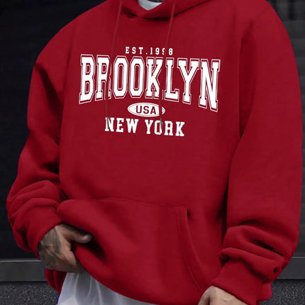 Men's autumn and winter casual fashion loose Brooklyn New York letter printed long sleeved hooded sweatshirt warm pullover