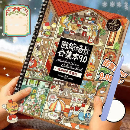 Mr.Paper 1 Book + 1 Tweezer 9.0 Miniature Scene Diorama Sticker Book, Cartoon House DIY Stress Relief Stickers for Journal
