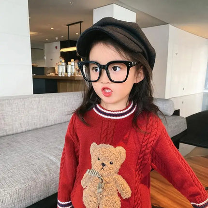 Baby and Girls Sweet 3D Flocking Cartoon Crop Knitted Cotton Sweater Coat Kids Knitwear Child Outfit Pullover Jumper Tops 2-8Yrs