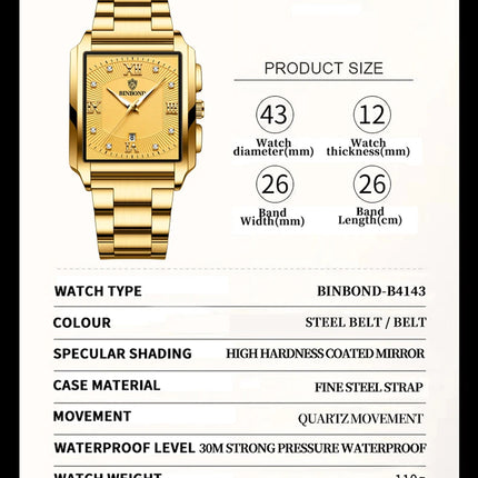 BINBOND Luxury Quartz Watch for Men Golden Square Large Dial 30M Waterproof Leather Strap Wrist Watches Date Display Men's Watch