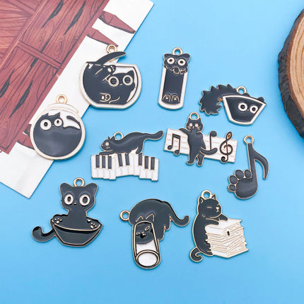 10pcs/Lot Music Cartoon Cute Black Cat Charms Cartoon Enamel  Pendants For DIY Jewelry Making Handmade Decoration Accessories