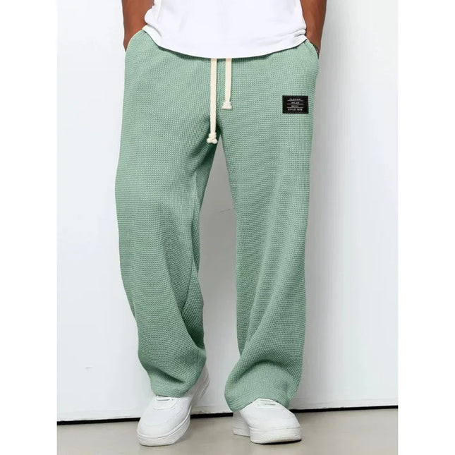 American Style Men's Waffle Textured Wide Leg Sweatpants Drawstring Elastic Waist Casual Loose Fit Streetwear Joggers