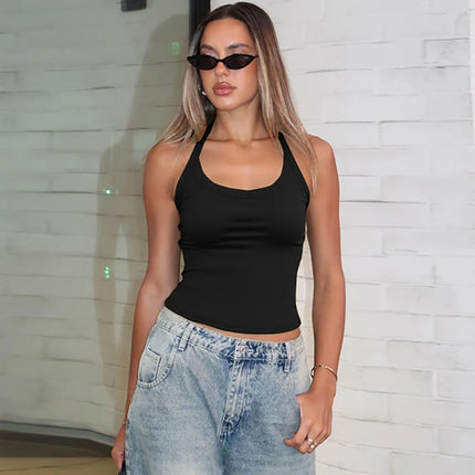 Hugcitar 2025 Summer Ribbed Halter Backless Solid Sexy Crop Tank Top Casual Y2K Women Clothes Beach Vacation Streetwear Yoga