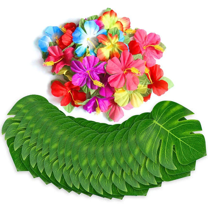 Artificial Tropical Palm Leaves Hibiscus Flower for Beach Table Decor Hawaiian Luau Wedding Jungle Safari Birth Party Decoration