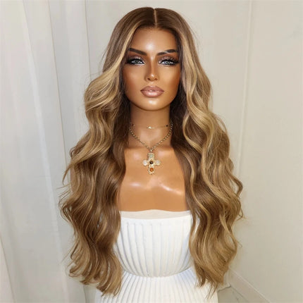 Party Daily Cosplay Wigs 13x4 Ombre Blonde Brown Highlights Synthetic HD Lace Front Wig Natural Long Body Wave Wig High Quality