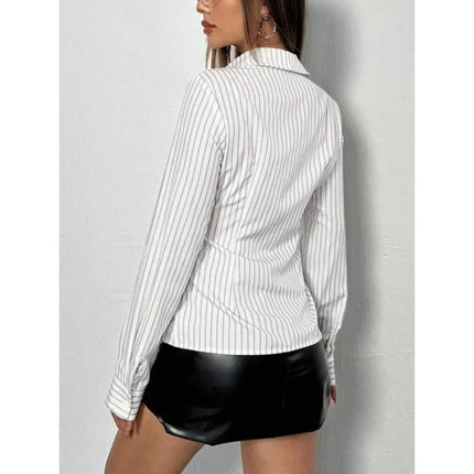 Plus Size Women's Fashion All Season Long Sleeved Slim Fit Blouse Shirt Women's Vertical Stripe Shirt Women Casual Lapel Shirt