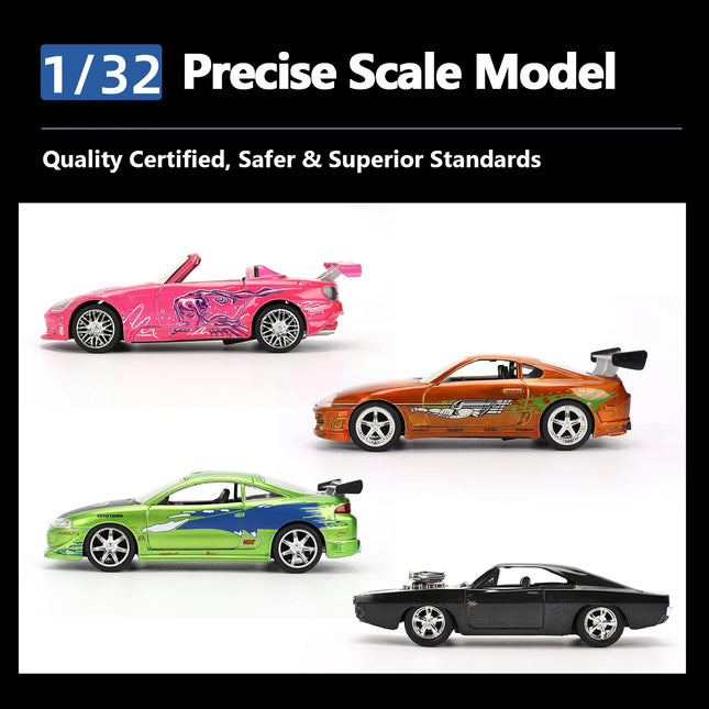 JADA 25th Anniversary 1:32 Diecast Collection–Fast & Furious Mitsubishi Eclipse/Toyota Supra/1970 Dodge Charger/Honda S2000